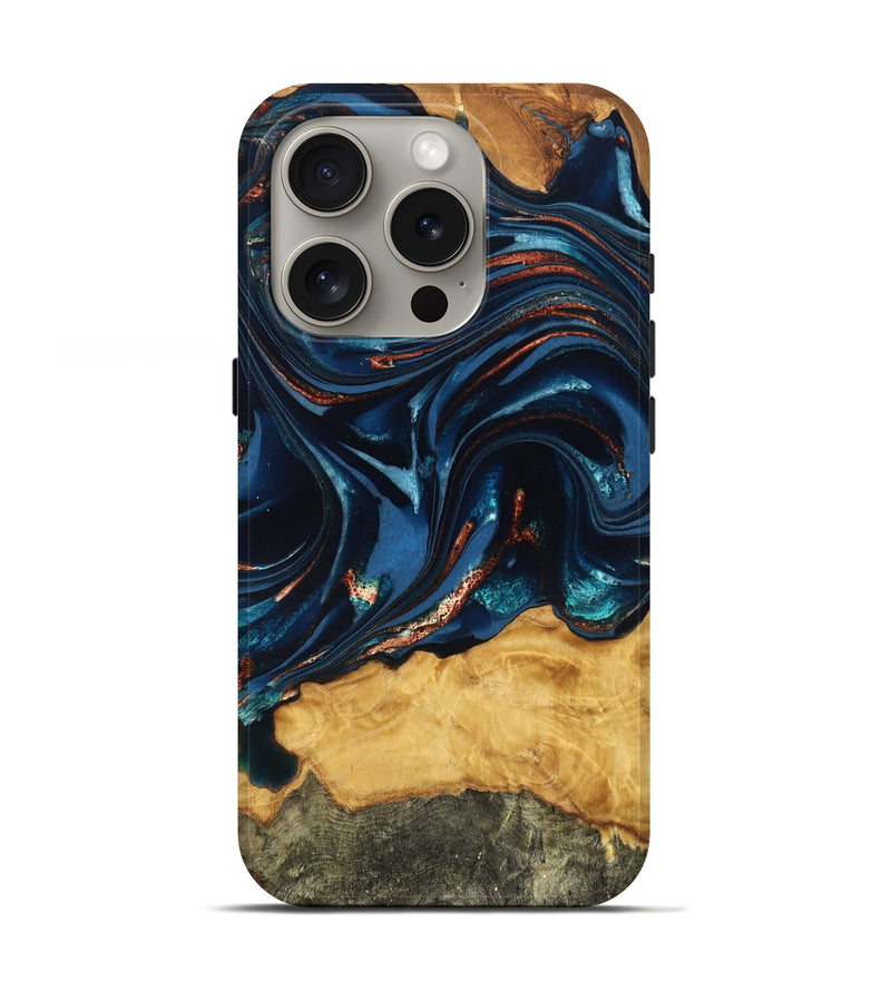 iPhone 16 Pro Wood Live Edge Phone Case - Roland (Teal & Gold, 824004)
