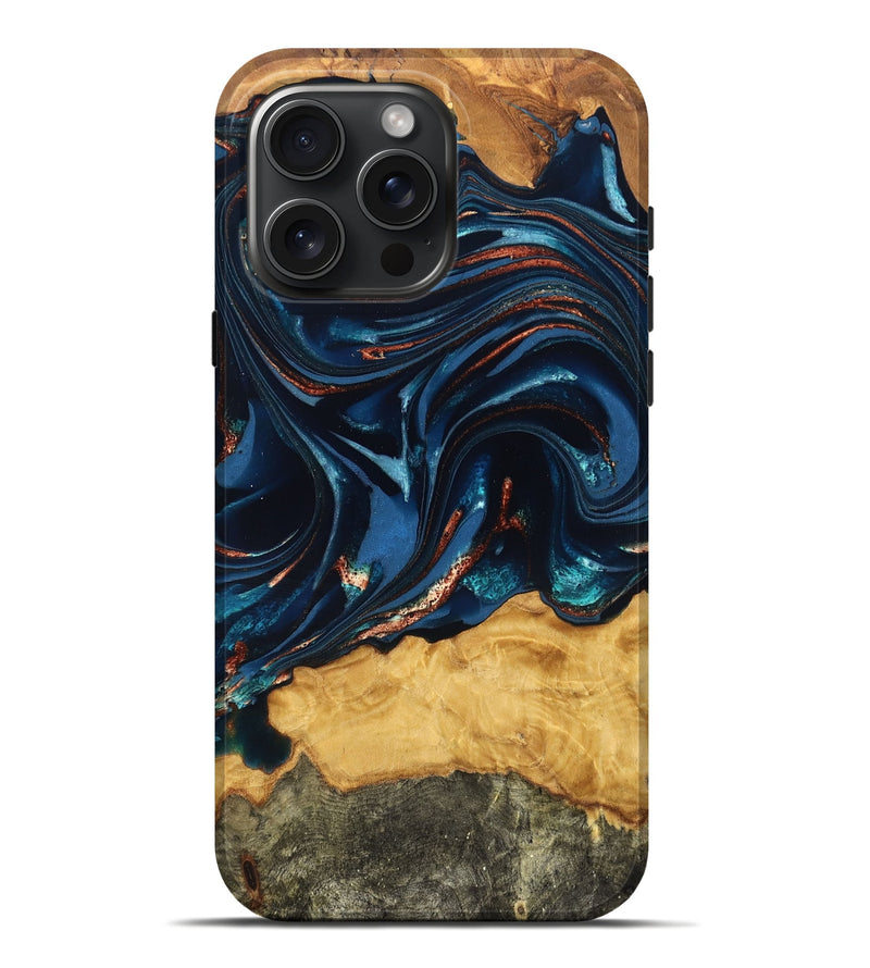 iPhone 16 Pro Max Wood Live Edge Phone Case - Roland (Teal & Gold, 824004)