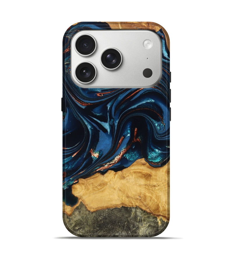 iPhone 17 Pro Wood Live Edge Phone Case - Roland (Teal & Gold, 824004)