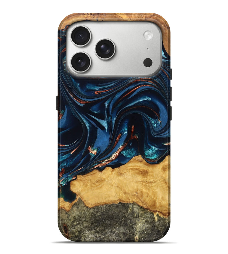 iPhone 17 Pro Max Wood Live Edge Phone Case - Roland (Teal & Gold, 824004)