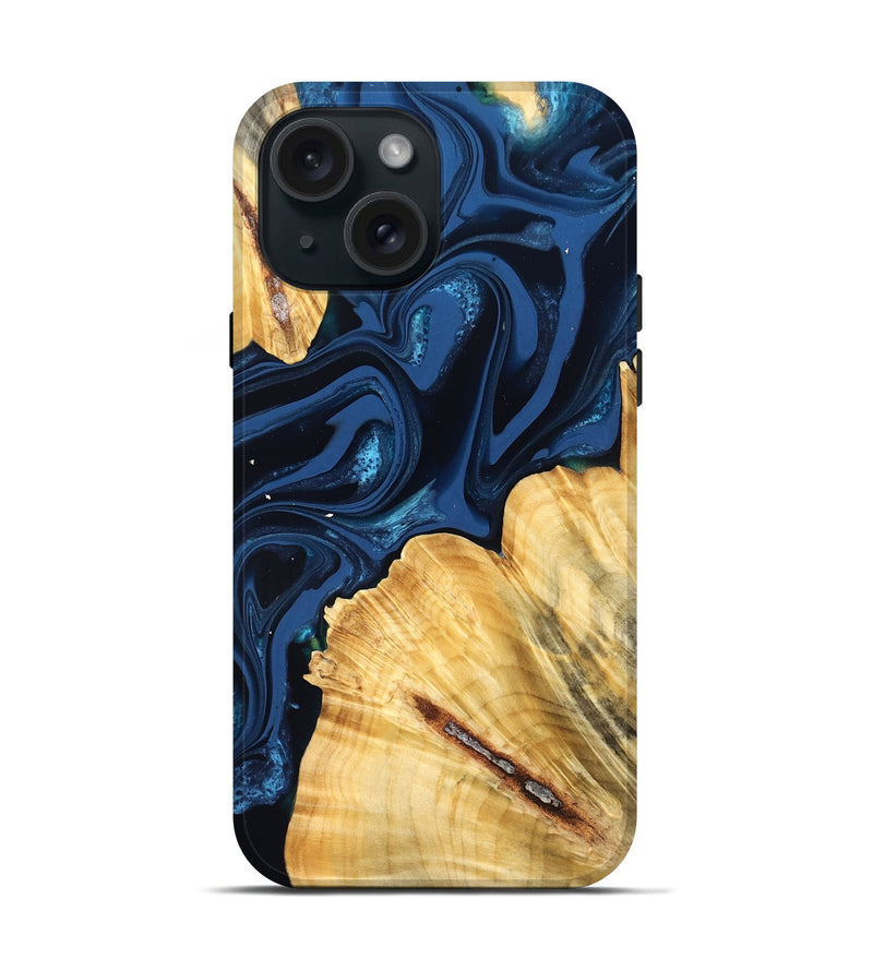 iPhone 15 Wood Live Edge Phone Case - Tarsha (Blue, 824009)