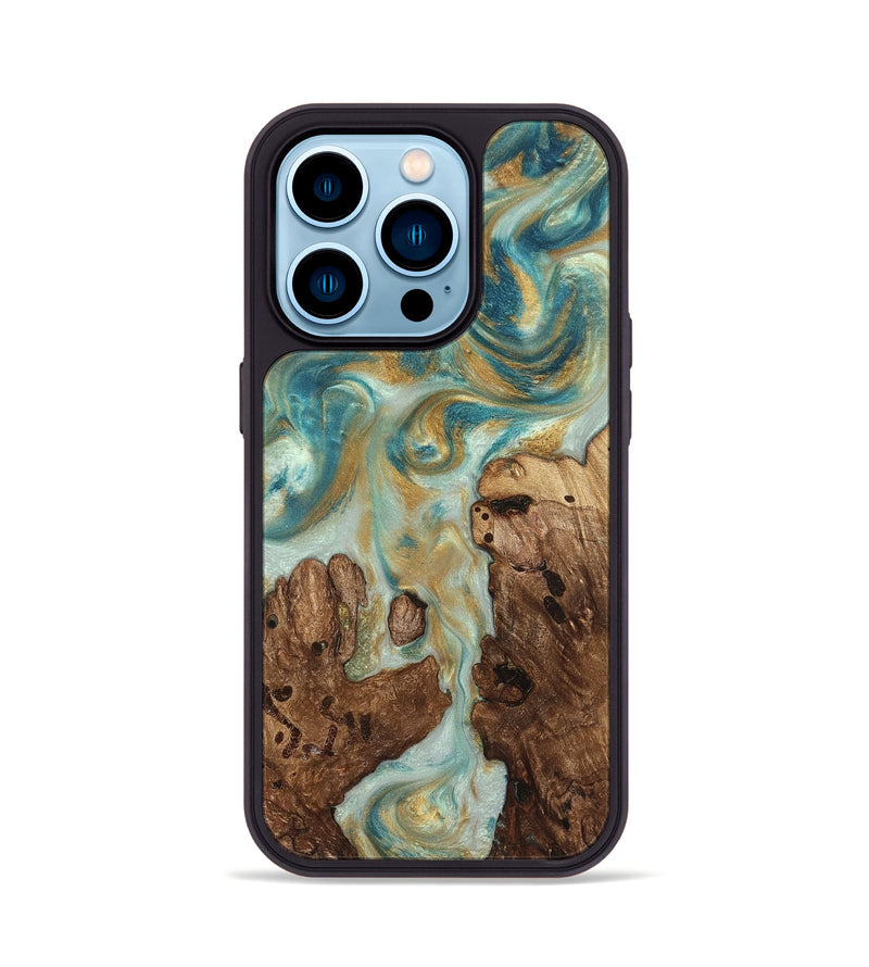 iPhone 14 Pro Wood Phone Case - Admiral (Teal & Gold, 824260)