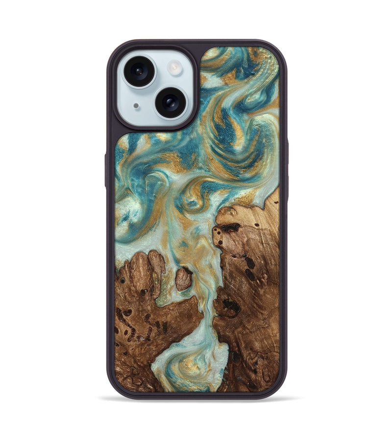 iPhone 15 Wood Phone Case - Admiral (Teal & Gold, 824260)
