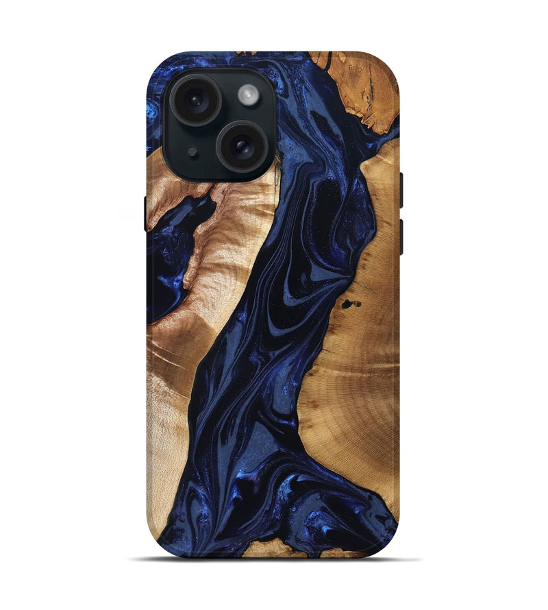 iPhone 15 Wood Live Edge Phone Case - Evelin (Blue, 824311)