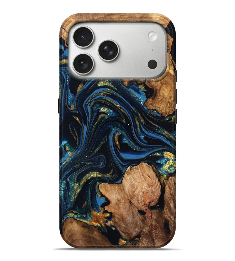 iPhone 17 Pro Max Wood Live Edge Phone Case - Janene (Teal & Gold, 824317)