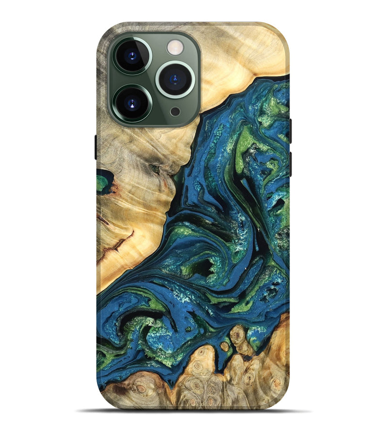 iPhone 13 Pro Max Wood Live Edge Phone Case - Ophelia (Teal & Gold, 824320)