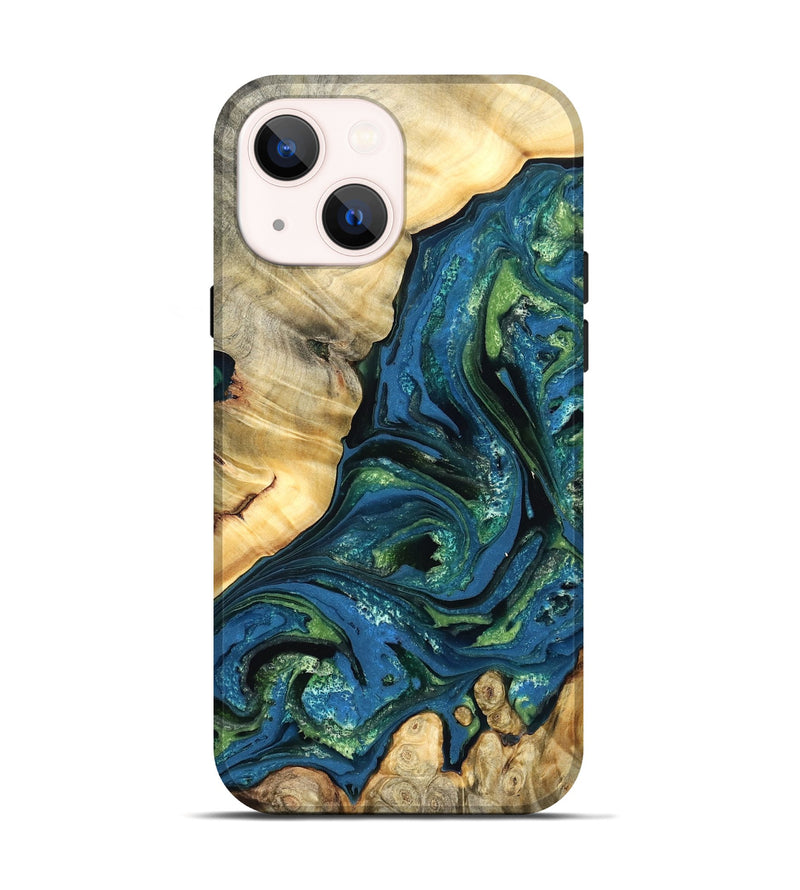 iPhone 14 Wood Live Edge Phone Case - Ophelia (Teal & Gold, 824320)