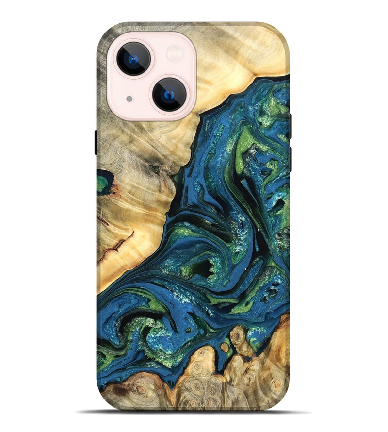 iPhone 14 Plus Wood Live Edge Phone Case - Ophelia (Teal & Gold, 824320)