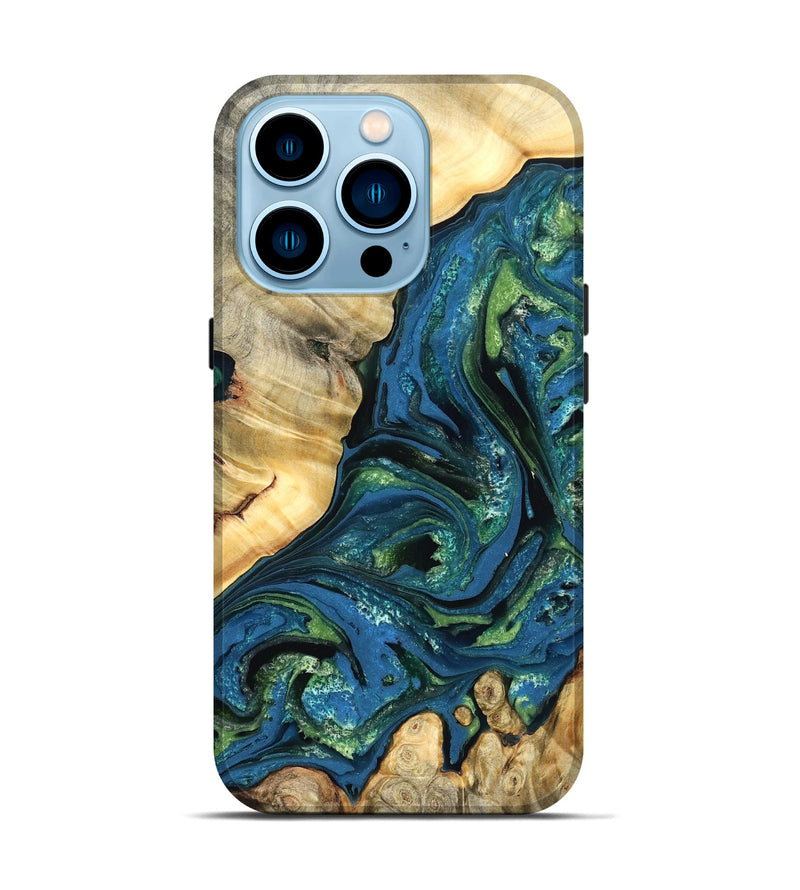 iPhone 14 Pro Wood Live Edge Phone Case - Ophelia (Teal & Gold, 824320)
