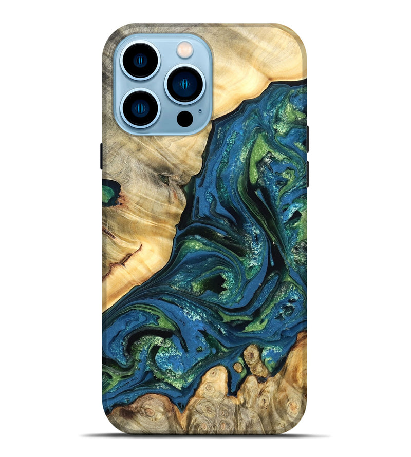 iPhone 14 Pro Max Wood Live Edge Phone Case - Ophelia (Teal & Gold, 824320)