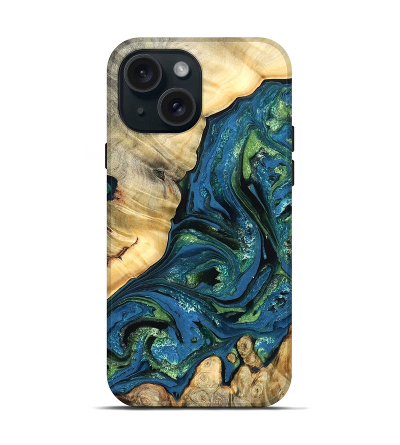 iPhone 15 Wood Live Edge Phone Case - Ophelia (Teal & Gold, 824320)