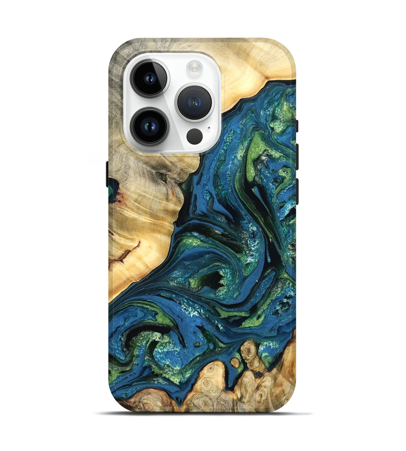 iPhone 15 Pro Wood Live Edge Phone Case - Ophelia (Teal & Gold, 824320)