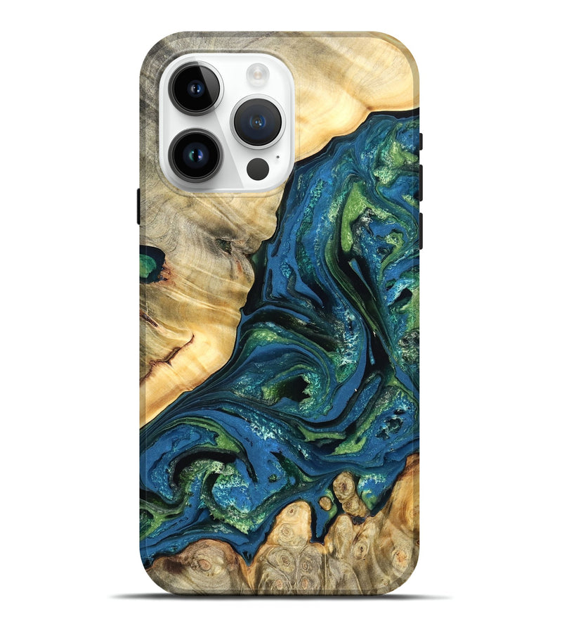 iPhone 15 Pro Max Wood Live Edge Phone Case - Ophelia (Teal & Gold, 824320)