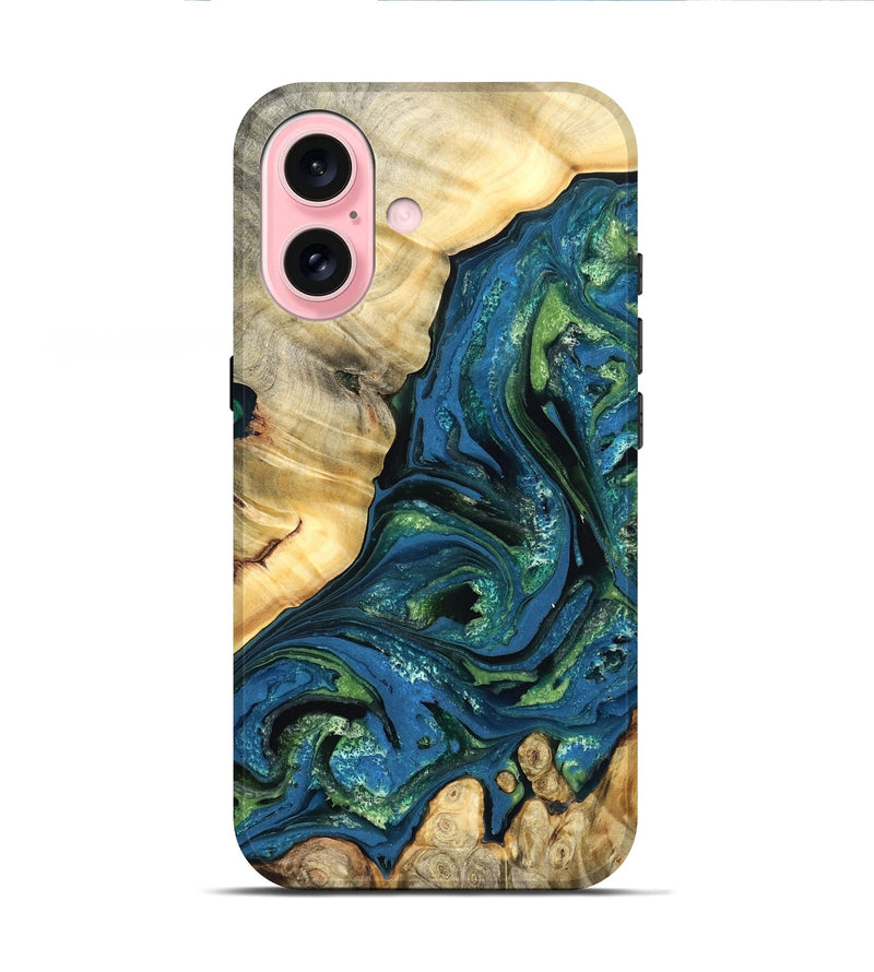 iPhone 16 Wood Live Edge Phone Case - Ophelia (Teal & Gold, 824320)