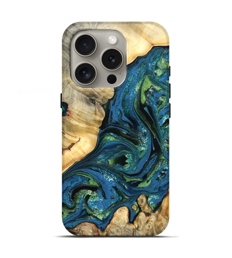 iPhone 16 Pro Wood Live Edge Phone Case - Ophelia (Teal & Gold, 824320)
