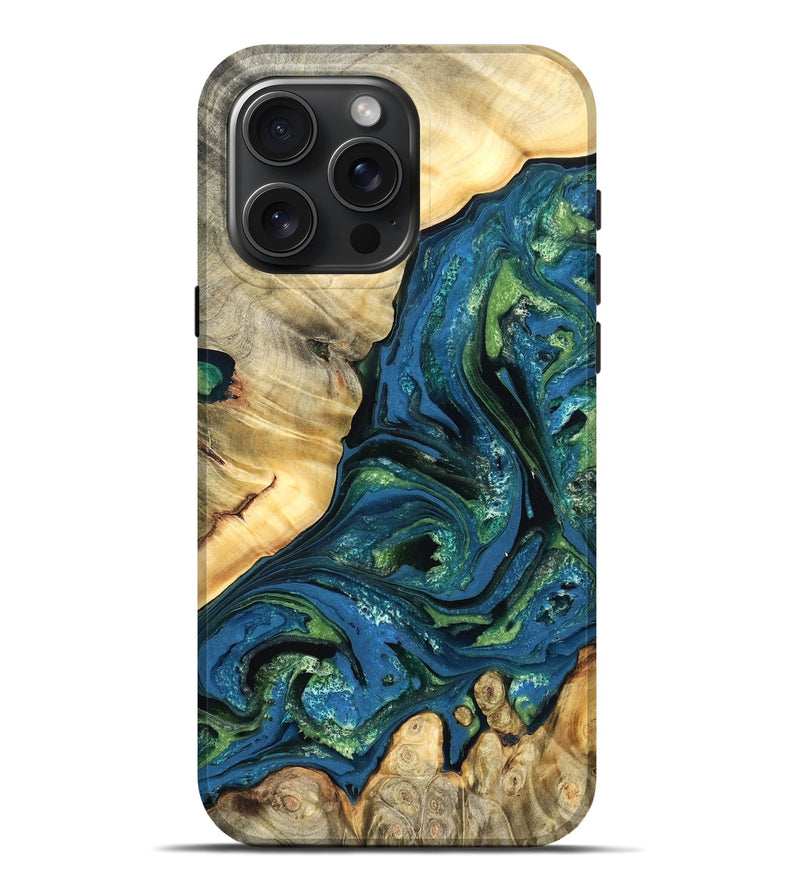 iPhone 16 Pro Max Wood Live Edge Phone Case - Ophelia (Teal & Gold, 824320)