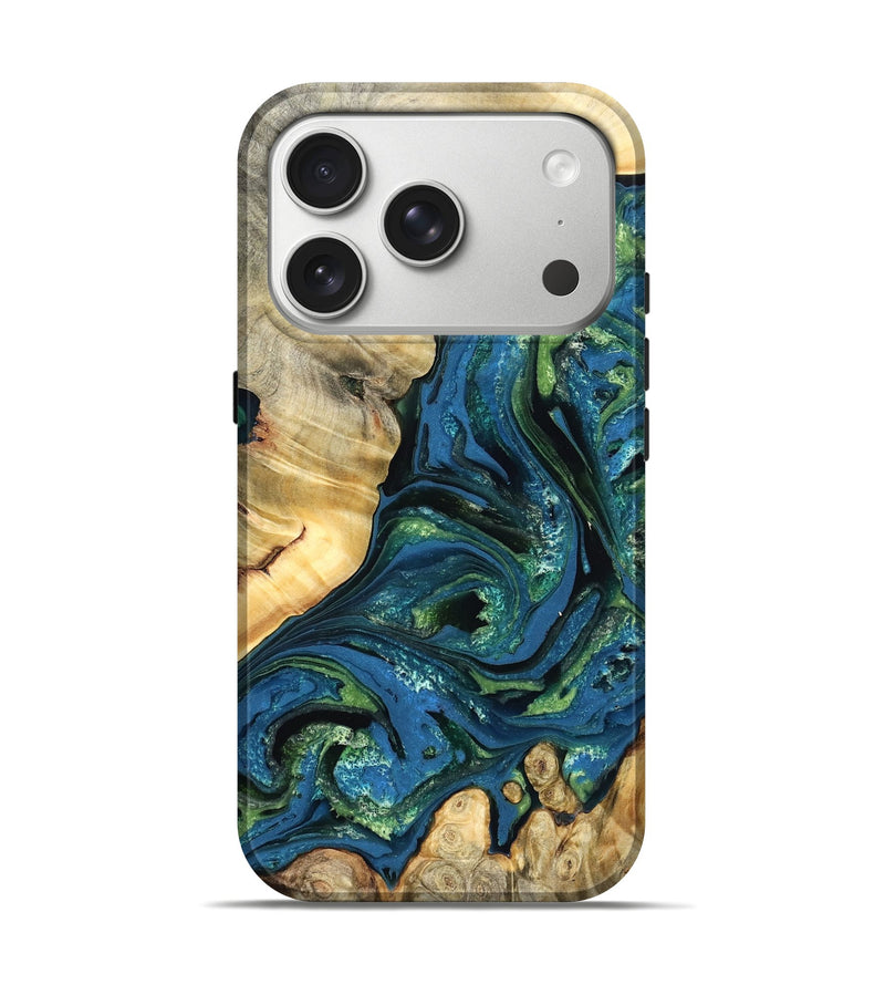 iPhone 17 Pro Wood Live Edge Phone Case - Ophelia (Teal & Gold, 824320)