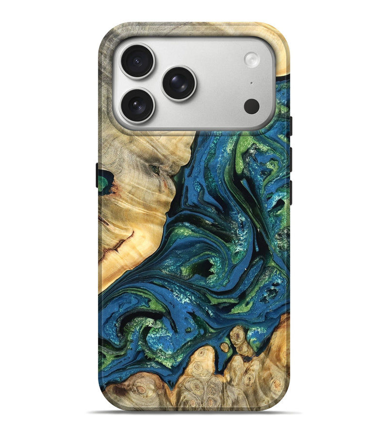 iPhone 17 Pro Max Wood Live Edge Phone Case - Ophelia (Teal & Gold, 824320)