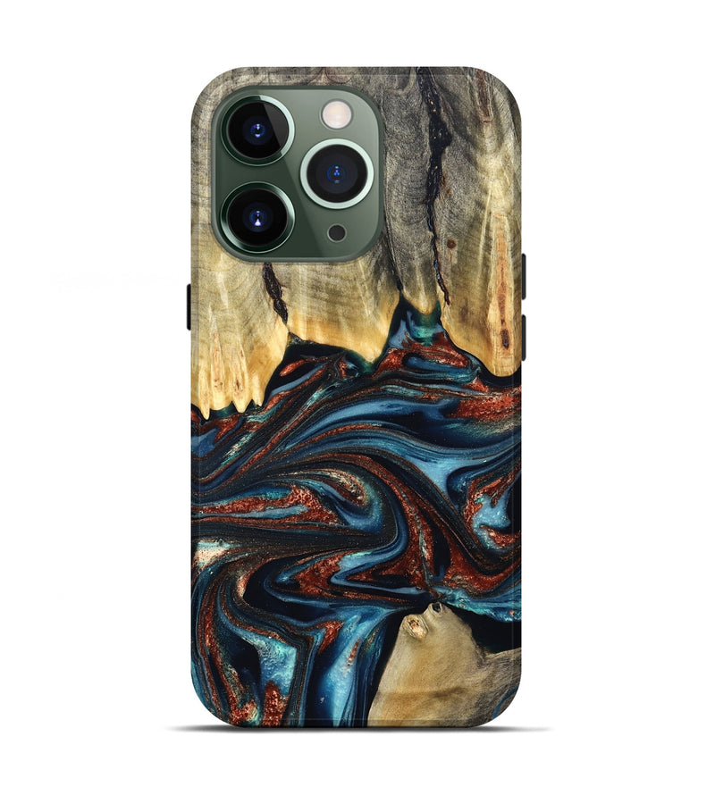 iPhone 13 Pro Wood Live Edge Phone Case - Quinton (Teal & Gold, 824321)