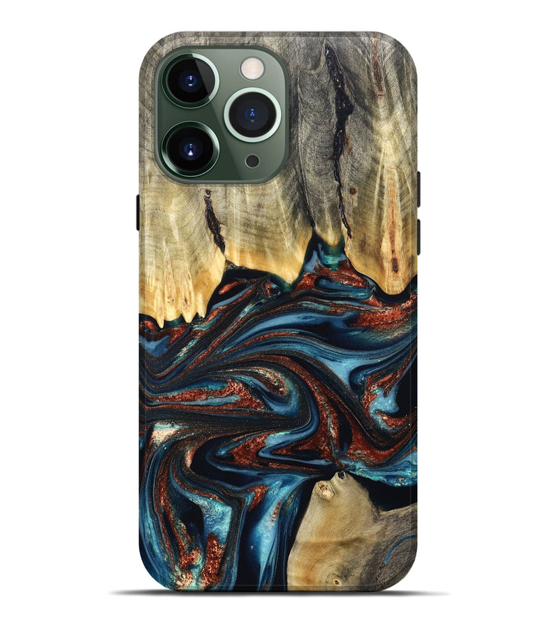 iPhone 13 Pro Max Wood Live Edge Phone Case - Quinton (Teal & Gold, 824321)