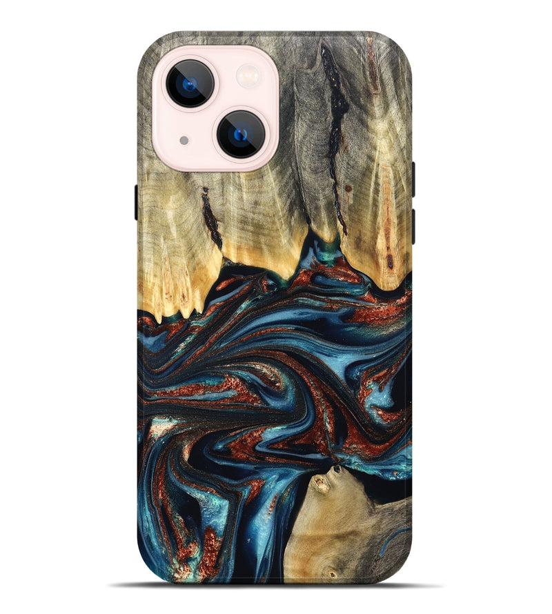 iPhone 14 Plus Wood Live Edge Phone Case - Quinton (Teal & Gold, 824321)