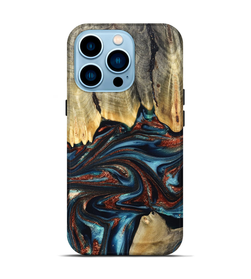 iPhone 14 Pro Wood Live Edge Phone Case - Quinton (Teal & Gold, 824321)