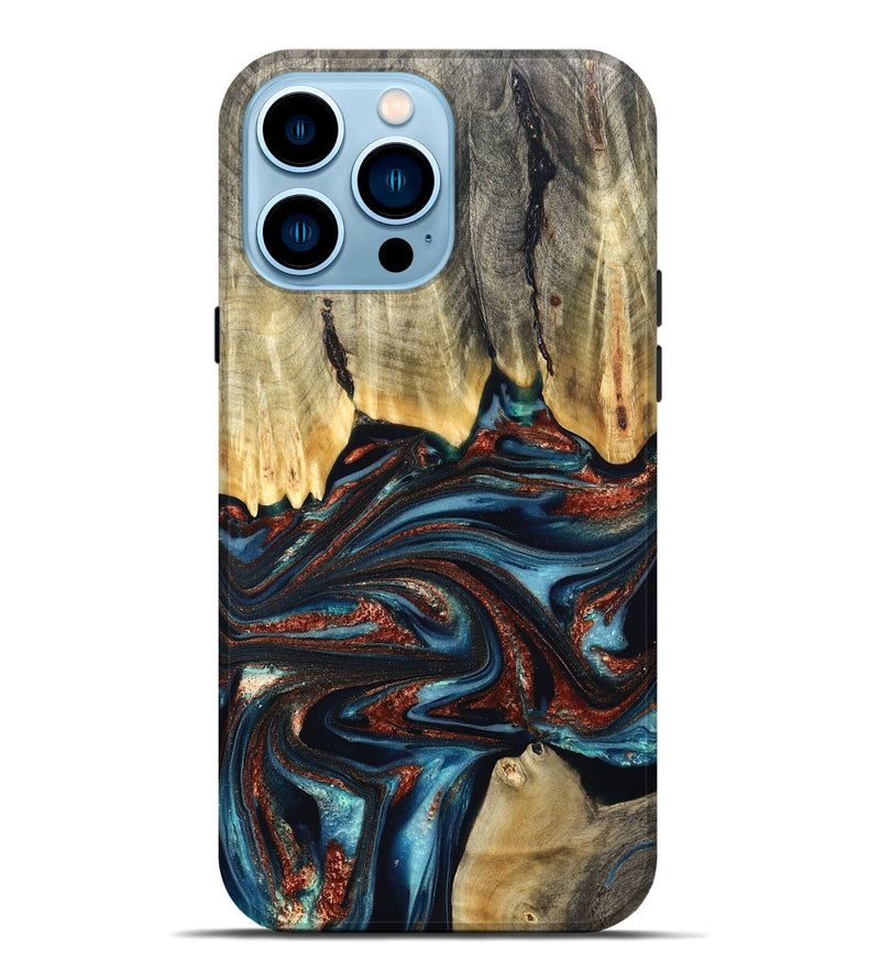 iPhone 14 Pro Max Wood Live Edge Phone Case - Quinton (Teal & Gold, 824321)