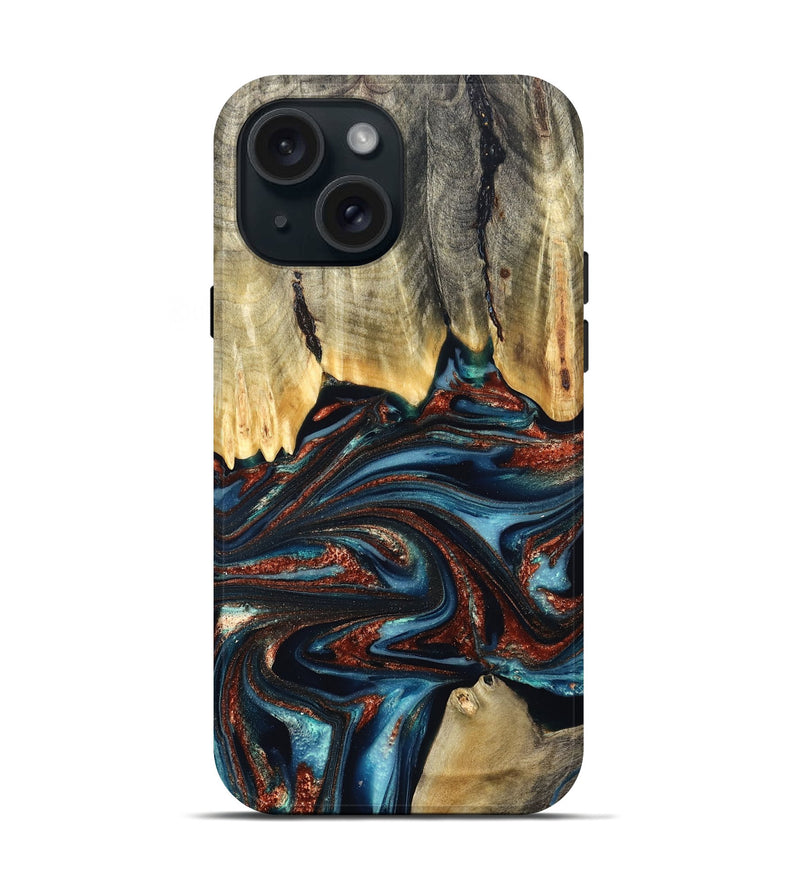 iPhone 15 Wood Live Edge Phone Case - Quinton (Teal & Gold, 824321)