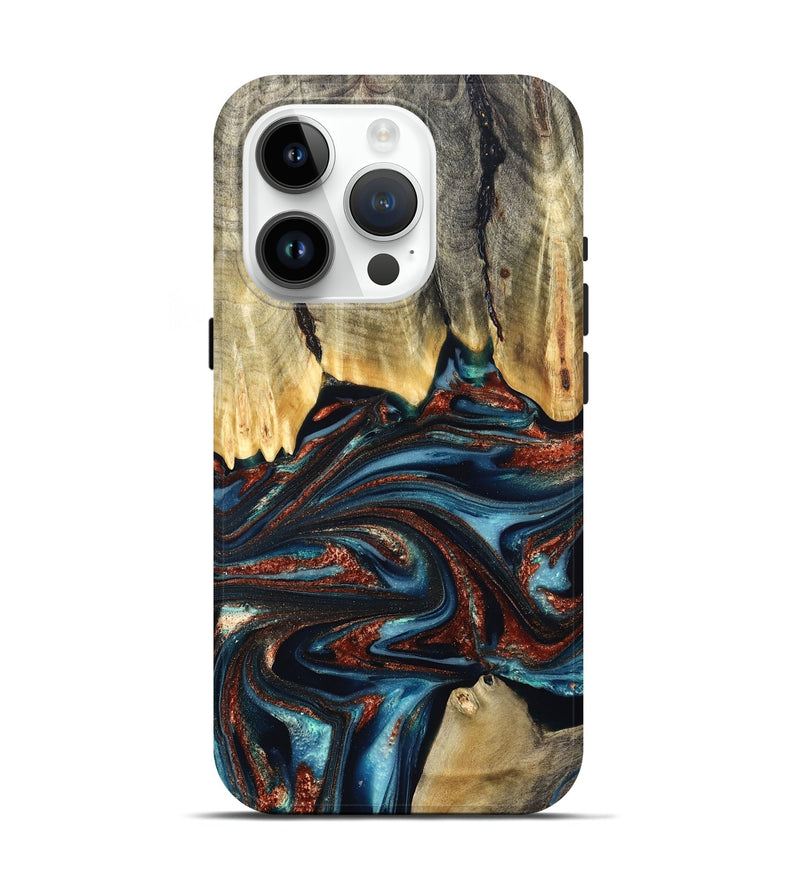 iPhone 15 Pro Wood Live Edge Phone Case - Quinton (Teal & Gold, 824321)