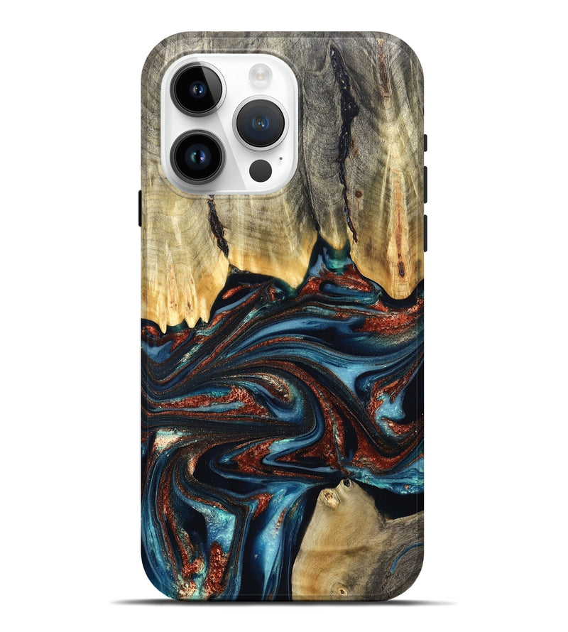 iPhone 15 Pro Max Wood Live Edge Phone Case - Quinton (Teal & Gold, 824321)