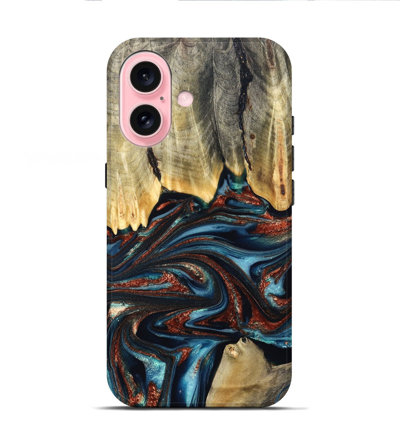 iPhone 16 Wood Live Edge Phone Case - Quinton (Teal & Gold, 824321)