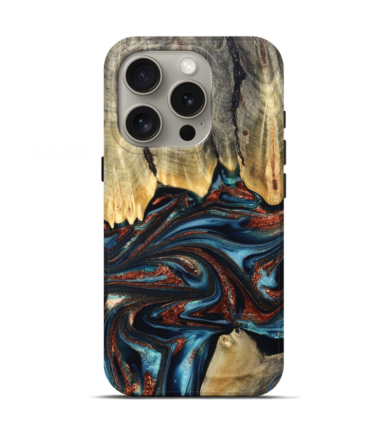 iPhone 16 Pro Wood Live Edge Phone Case - Quinton (Teal & Gold, 824321)