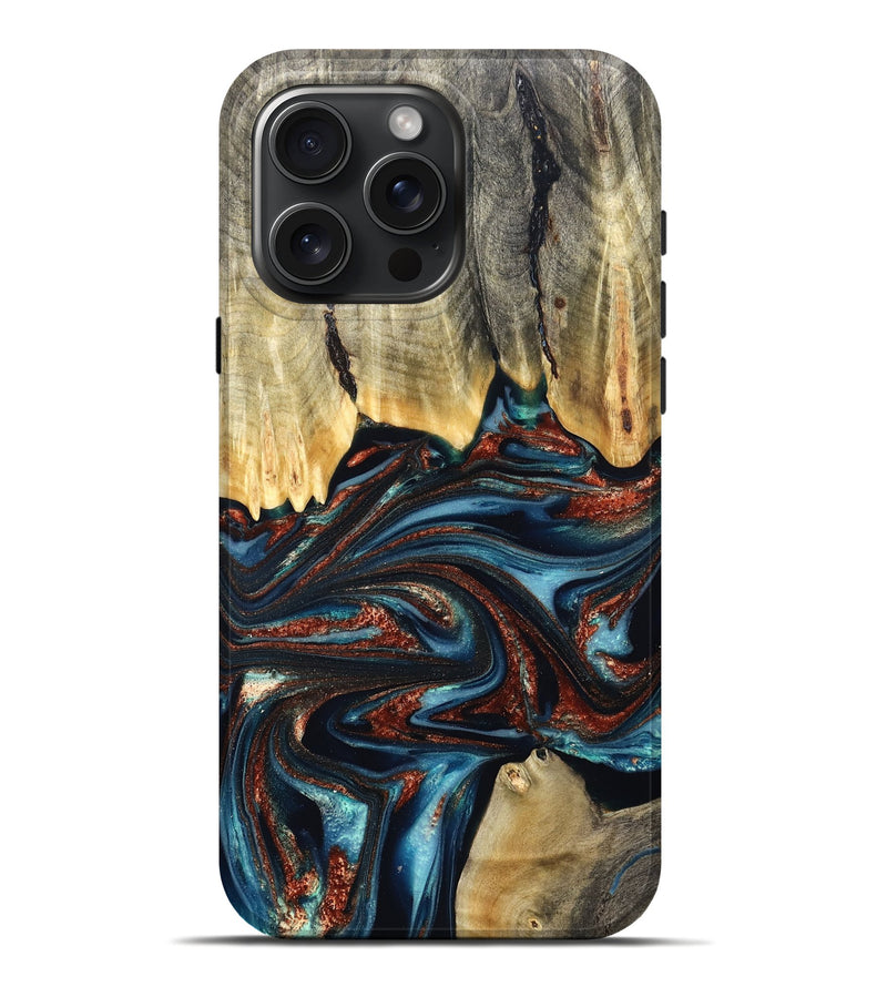 iPhone 16 Pro Max Wood Live Edge Phone Case - Quinton (Teal & Gold, 824321)