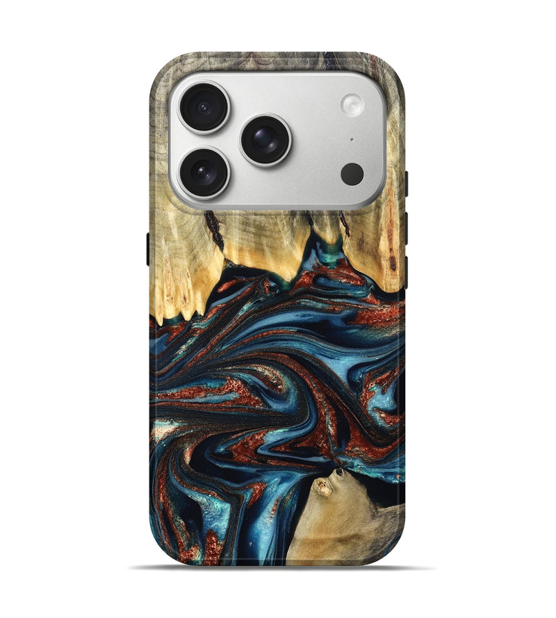 iPhone 17 Pro Wood Live Edge Phone Case - Quinton (Teal & Gold, 824321)