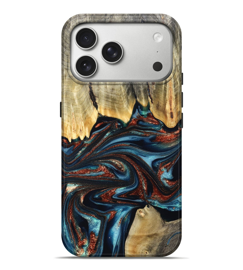 iPhone 17 Pro Max Wood Live Edge Phone Case - Quinton (Teal & Gold, 824321)