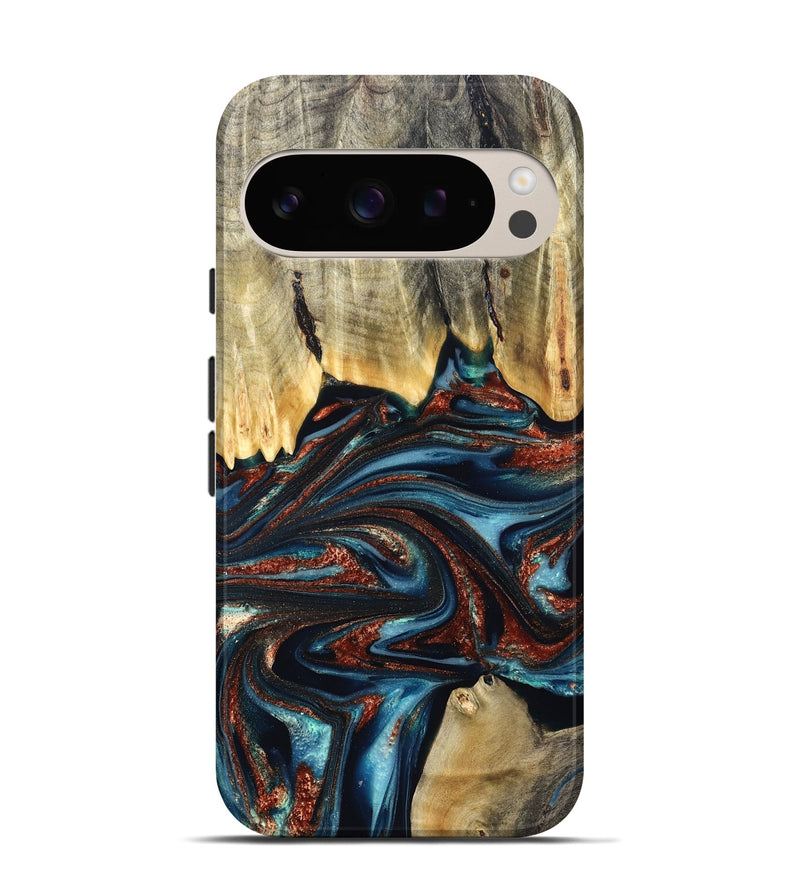 Pixel 9 Pro Wood Live Edge Phone Case - Quinton (Teal & Gold, 824321)