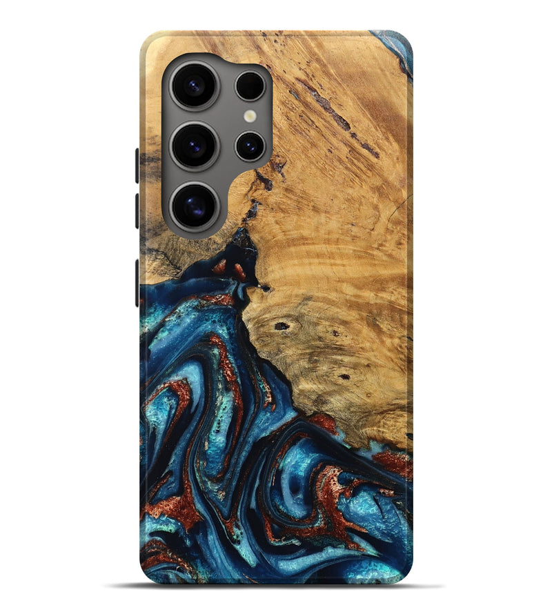 Galaxy S25 Ultra Wood Live Edge Phone Case - Adan (Teal & Gold, 824322)