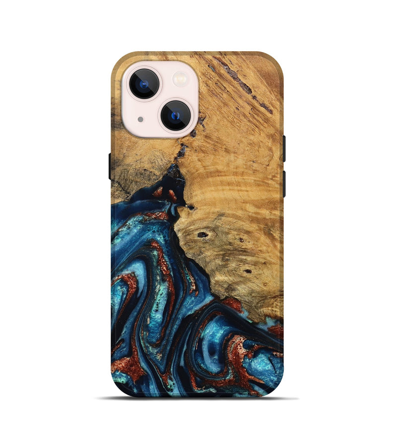 iPhone 13 mini Wood Live Edge Phone Case - Adan (Teal & Gold, 824322)