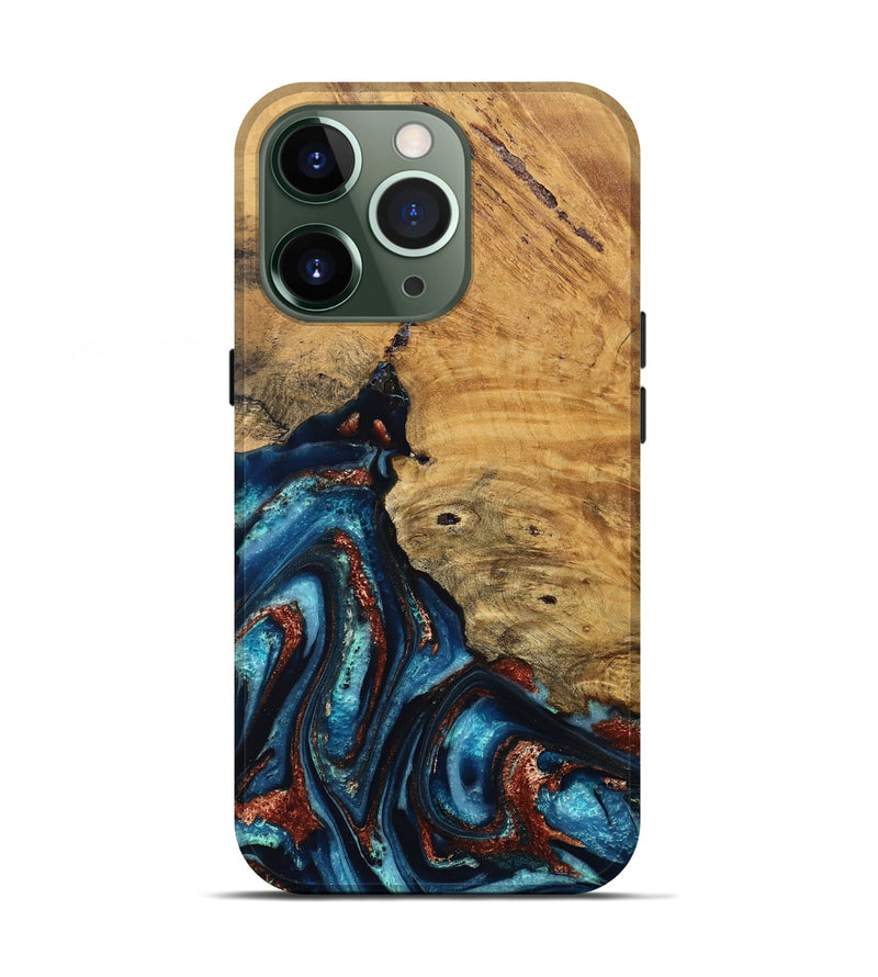 iPhone 13 Pro Wood Live Edge Phone Case - Adan (Teal & Gold, 824322)