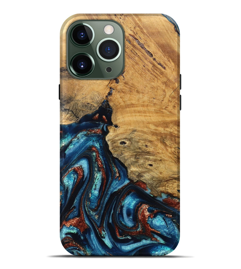 iPhone 13 Pro Max Wood Live Edge Phone Case - Adan (Teal & Gold, 824322)