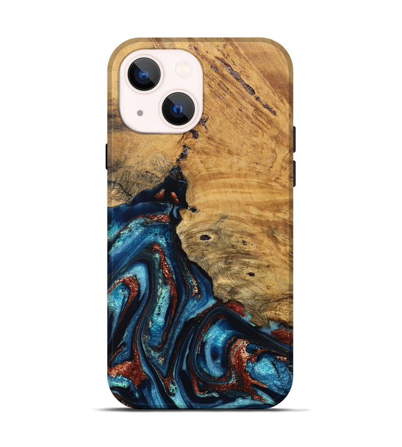 iPhone 14 Wood Live Edge Phone Case - Adan (Teal & Gold, 824322)