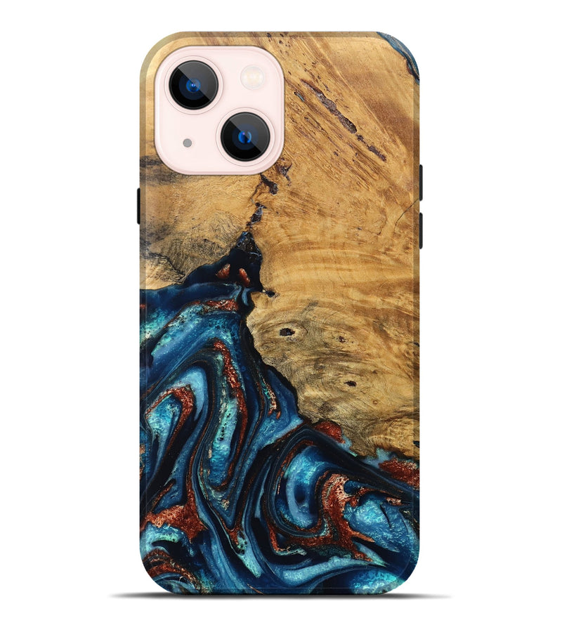 iPhone 14 Plus Wood Live Edge Phone Case - Adan (Teal & Gold, 824322)