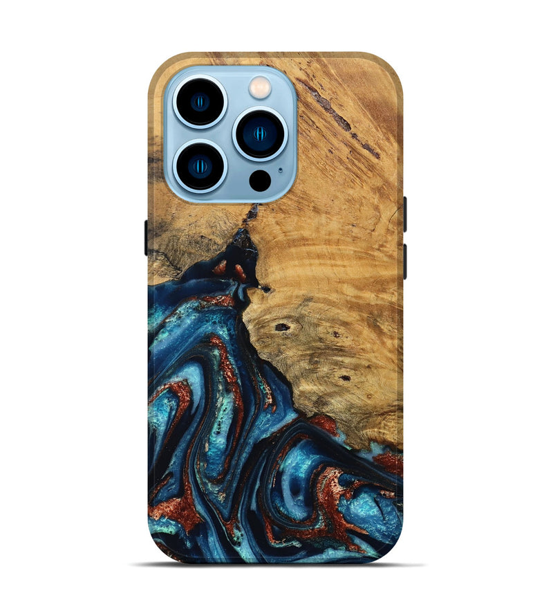 iPhone 14 Pro Wood Live Edge Phone Case - Adan (Teal & Gold, 824322)