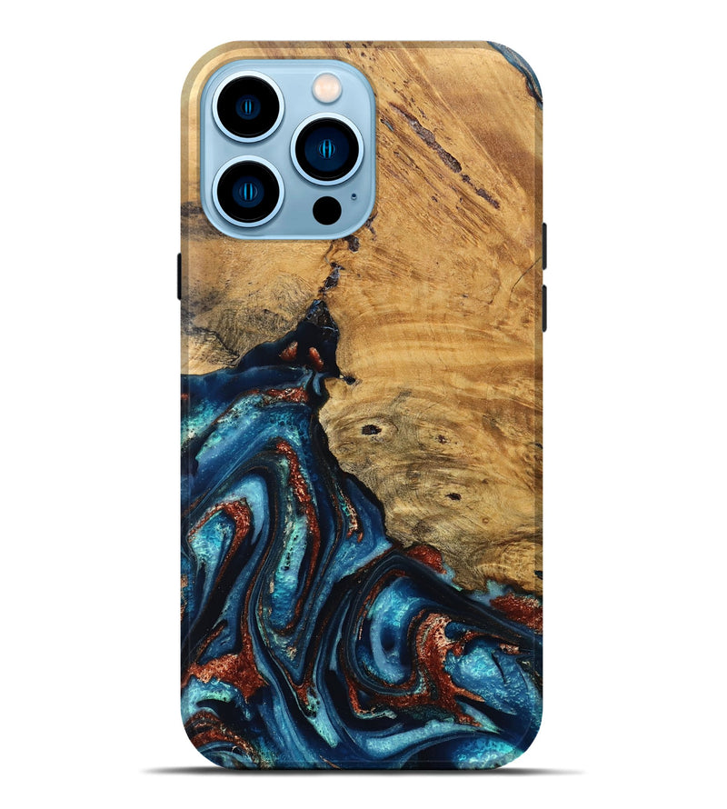 iPhone 14 Pro Max Wood Live Edge Phone Case - Adan (Teal & Gold, 824322)