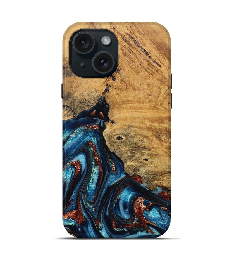 iPhone 15 Wood Live Edge Phone Case - Adan (Teal & Gold, 824322)