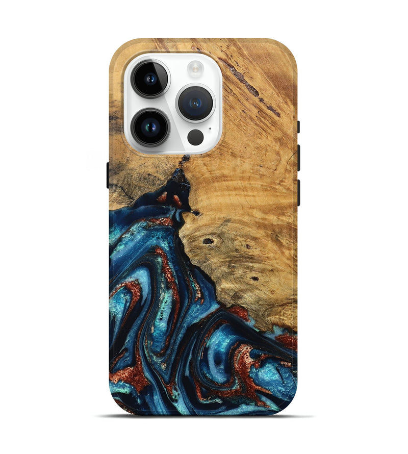 iPhone 15 Pro Wood Live Edge Phone Case - Adan (Teal & Gold, 824322)