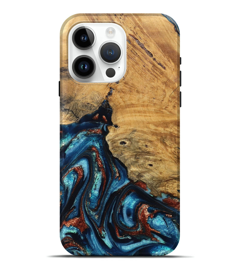 iPhone 15 Pro Max Wood Live Edge Phone Case - Adan (Teal & Gold, 824322)