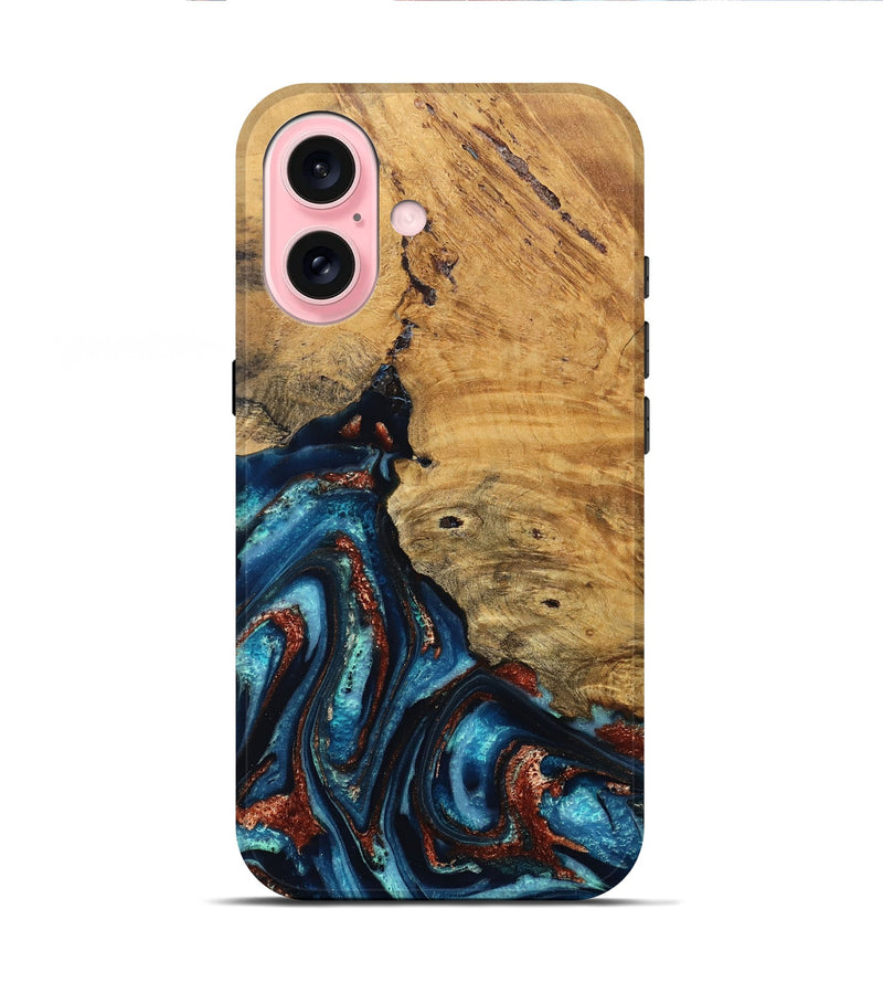 iPhone 16 Wood Live Edge Phone Case - Adan (Teal & Gold, 824322)