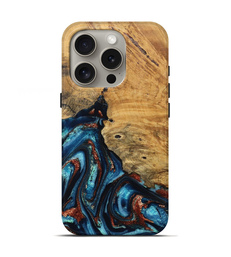 iPhone 16 Pro Wood Live Edge Phone Case - Adan (Teal & Gold, 824322)