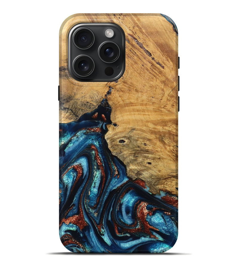 iPhone 16 Pro Max Wood Live Edge Phone Case - Adan (Teal & Gold, 824322)